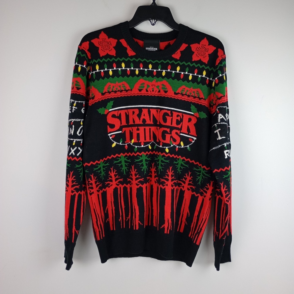 Netflix Stranger Things Mens M Black Red Ugly Christmas Holiday Knit Sweater
